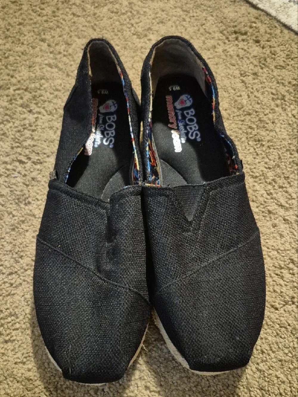 Skechers BOBS Black Canvas Wedge Slip-Ons with White Outsole